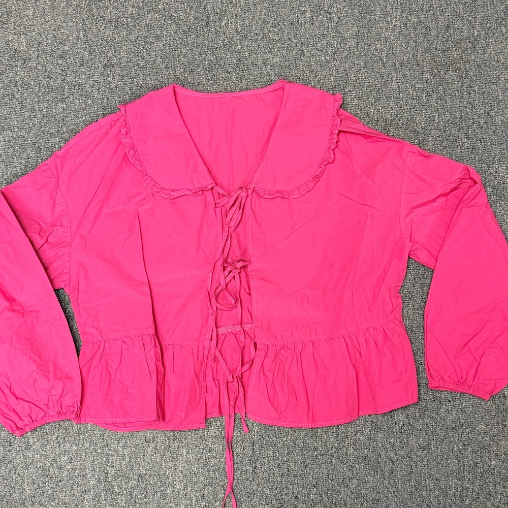 Rose Red Peter Pan Collar Tie Front Peplum Top